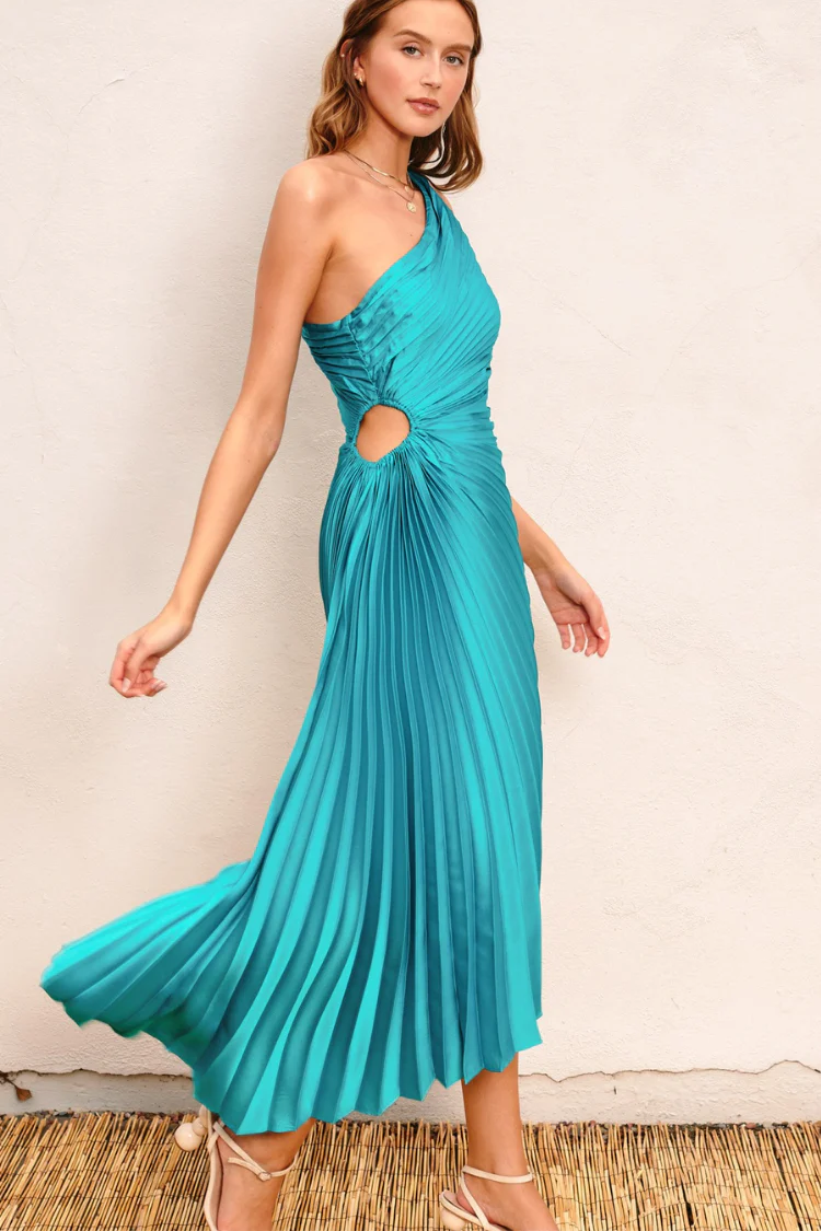Olympia Teal Pleated One Shoulder Gown