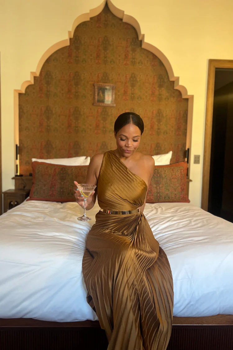 Olympia Bronze Pleated One Shoulder Gown