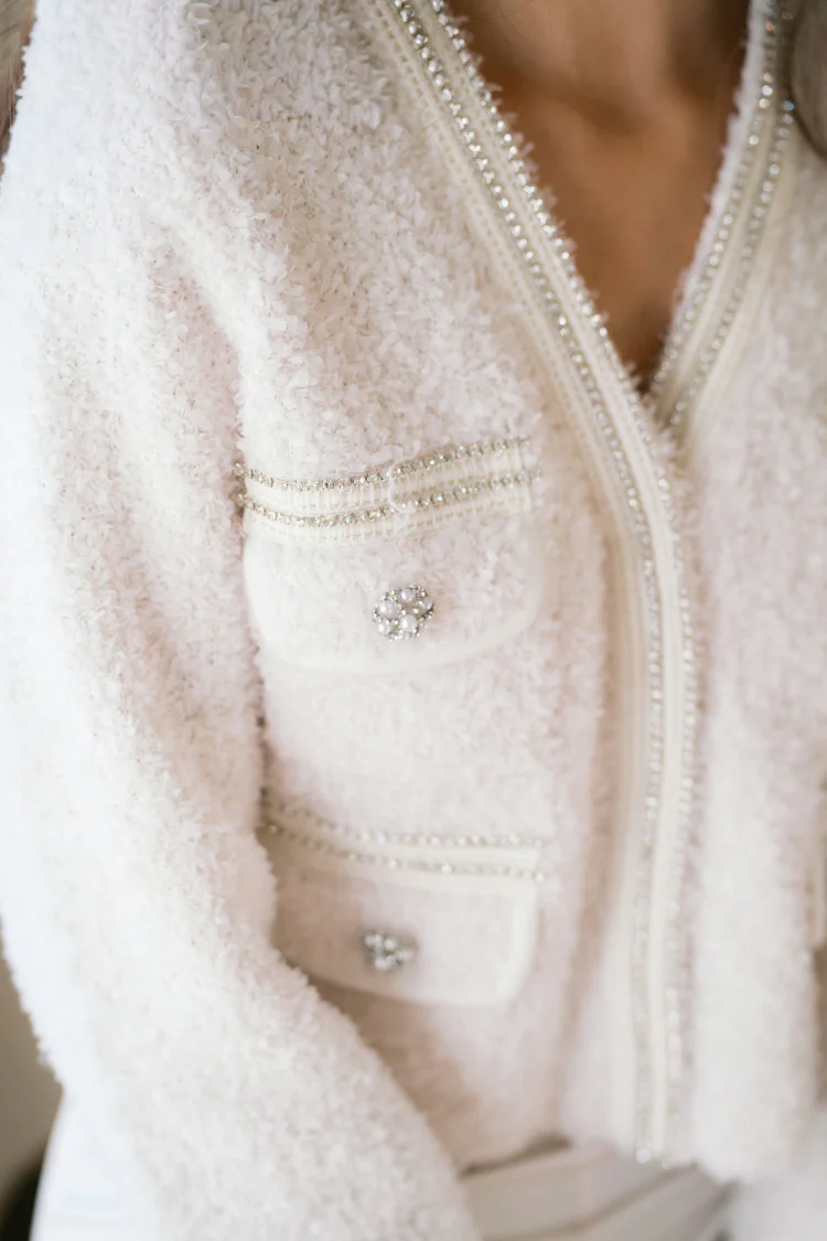 Marlo Rhinestone Embellished Tweed Knit Jacket - Cream