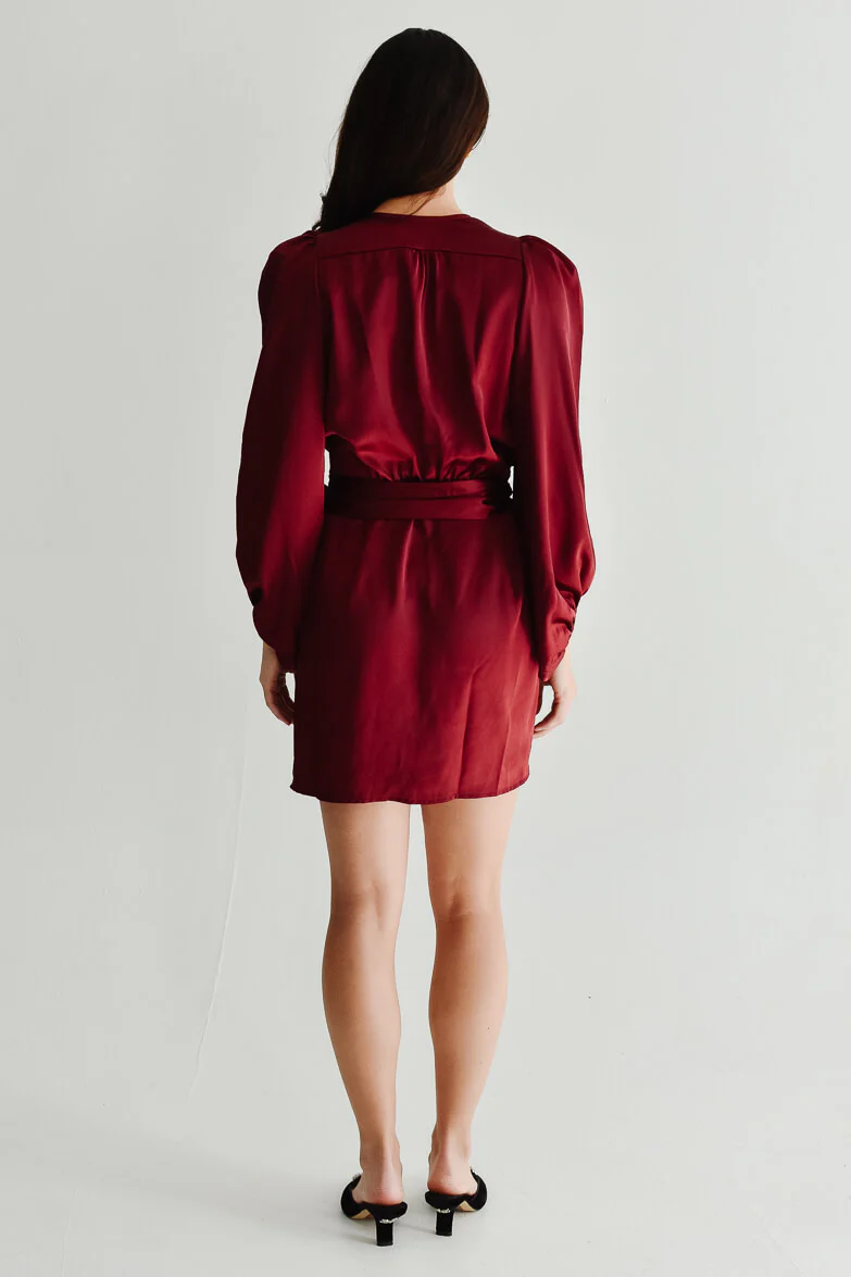 Gal Satin Wrap Mini Dress - Burgundy - FINAL SALE