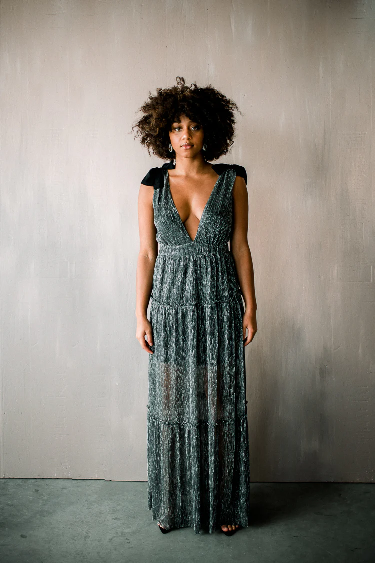 Halle Shoulder Tie Deep V Maxi - Silver