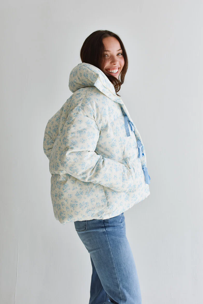 Lark Blue and White Floral Puffer Jacket