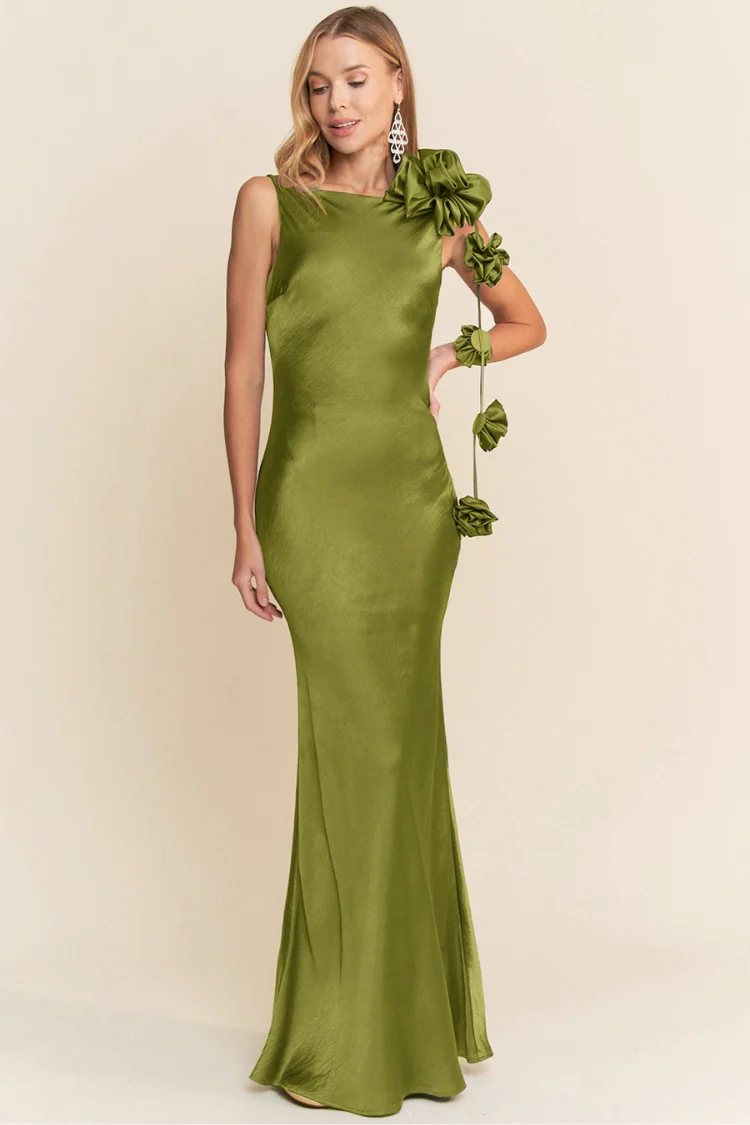 Lana Cowl Back Gown with 3D Floral Trim - Olive Green