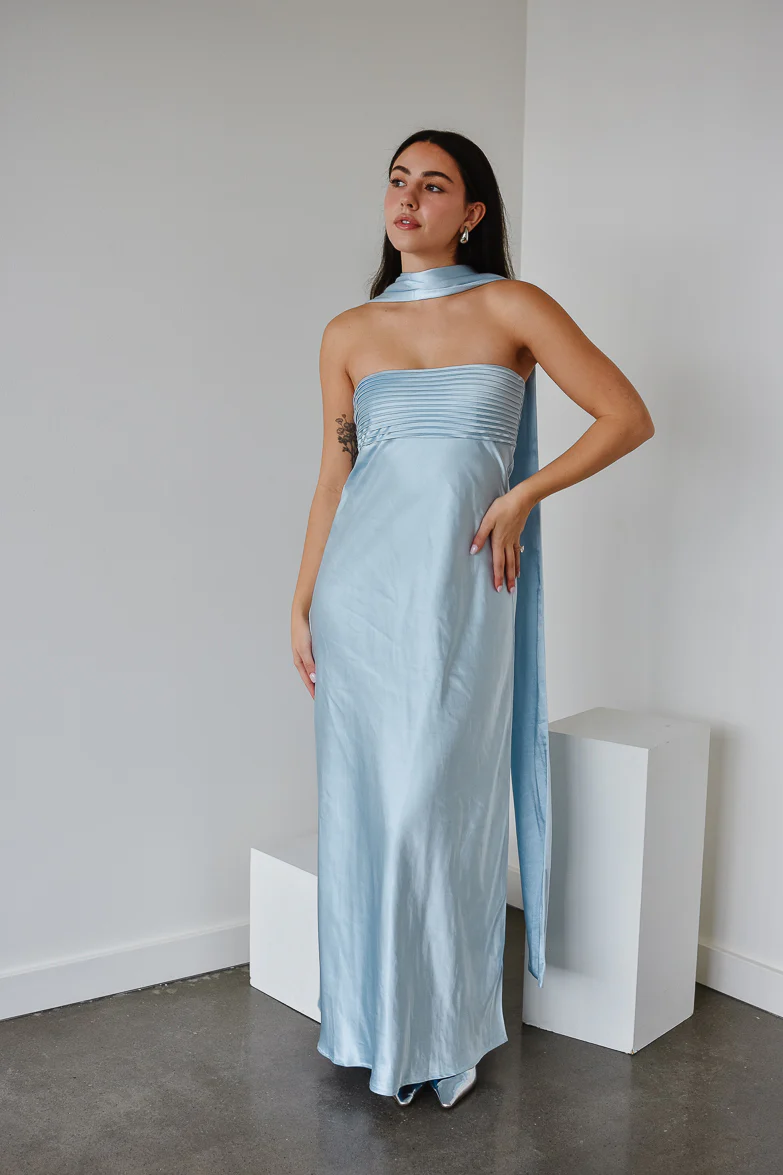 Elsa Ice Blue Maxi Dress with Neck Scarf