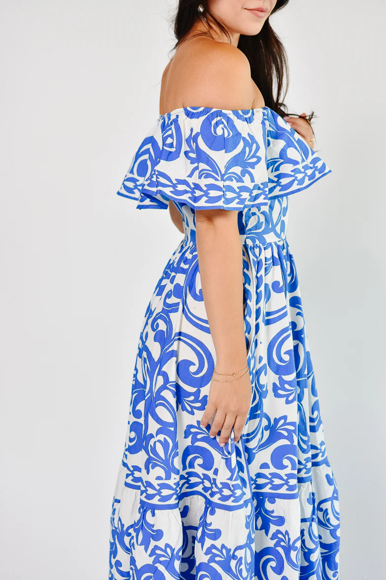Catania Blue and White Tile Print Midi Dress