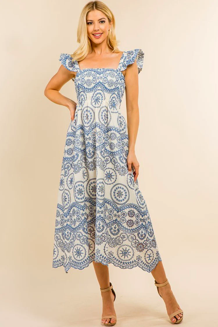 Marisol Blue and White Eyelet Midi Dress