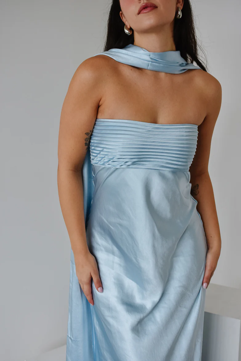 Elsa Ice Blue Maxi Dress with Neck Scarf