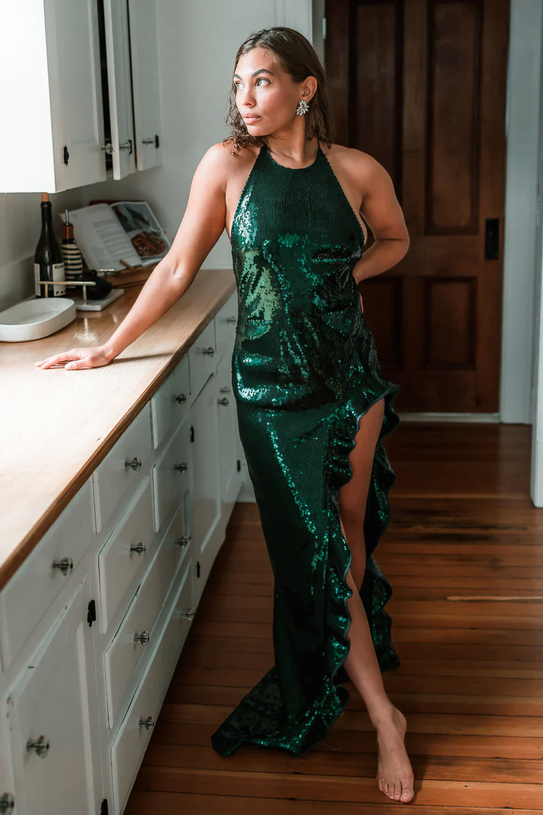Evangeline Green Sequin Halter Maxi Dress