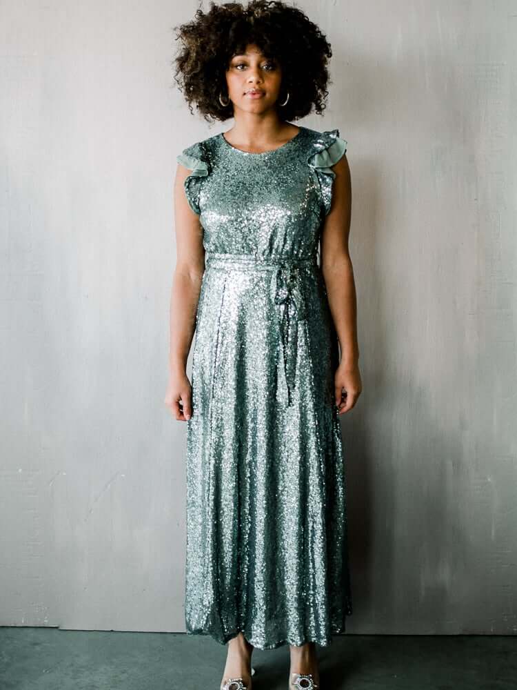 Flutter Sleeve Sequin Midi Dress - Silver - FINAL SALE