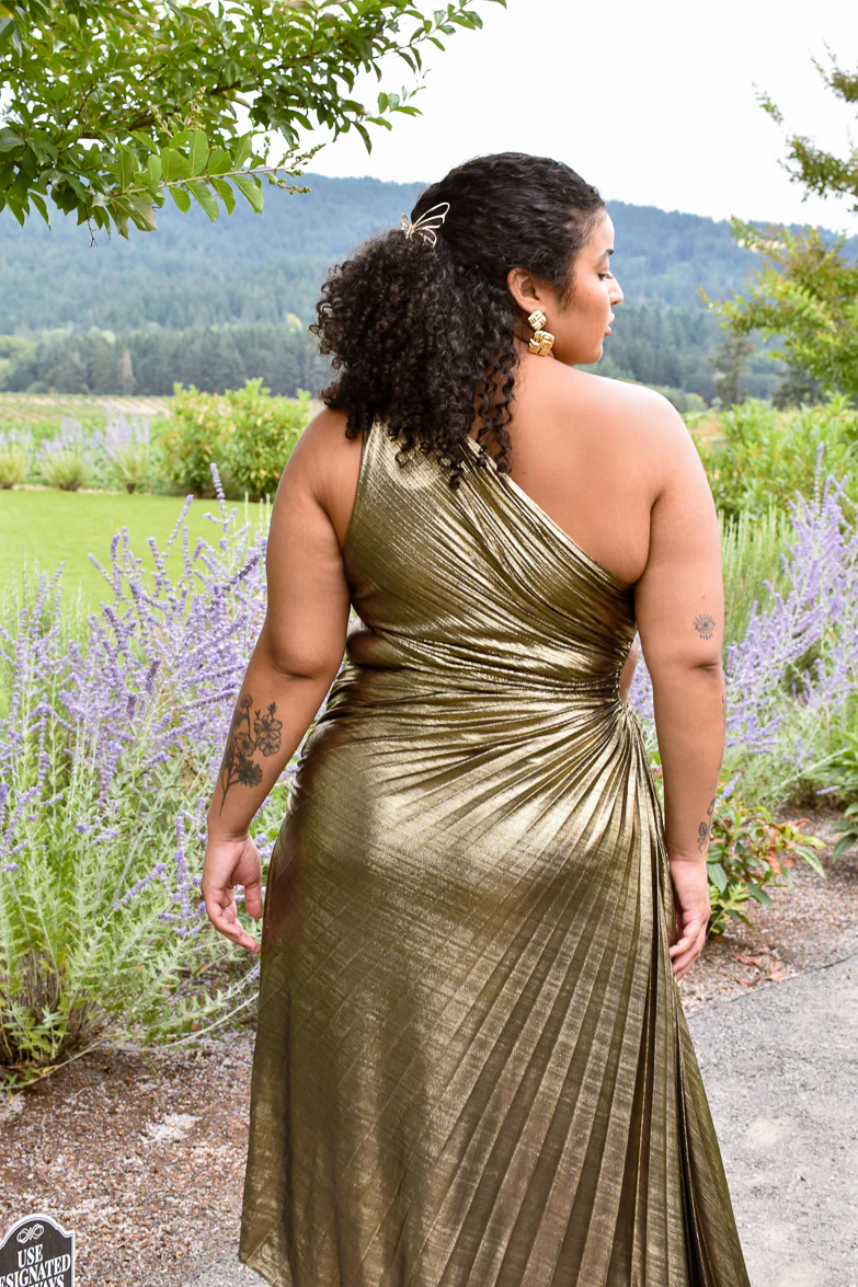 Olympia Gold Metallic Pleated One Shoulder Gown - Plus