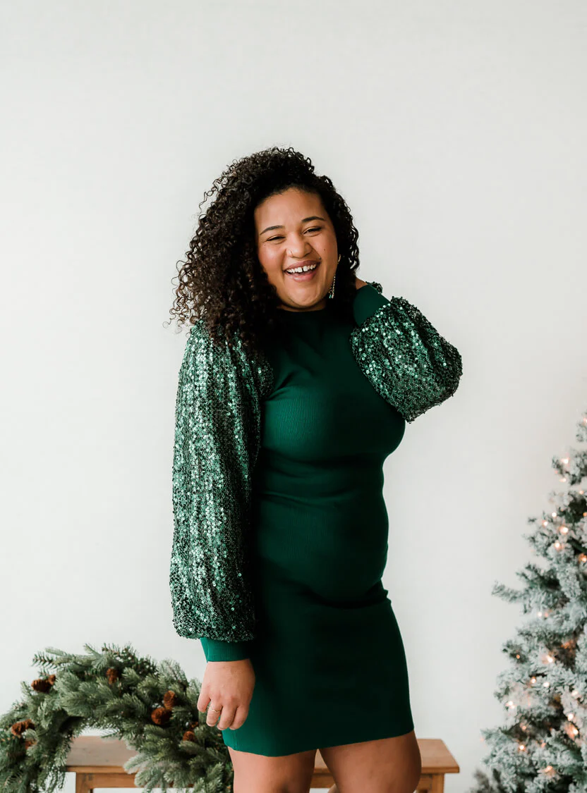 Frankie Green Sequin Sleeve Midi Dress