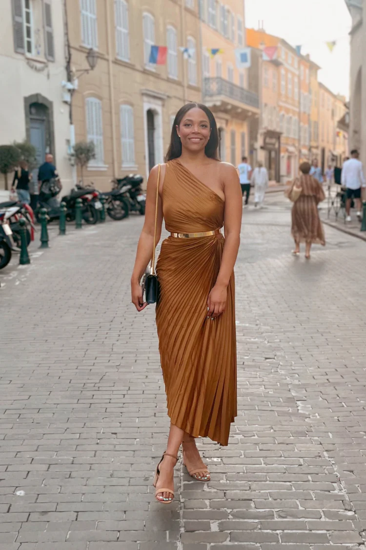 Olympia Bronze Pleated One Shoulder Gown