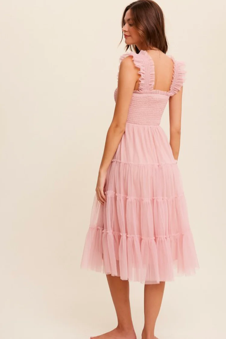 Fiori Short Pink Tulle Tiered Midi Dress - FINAL SALE