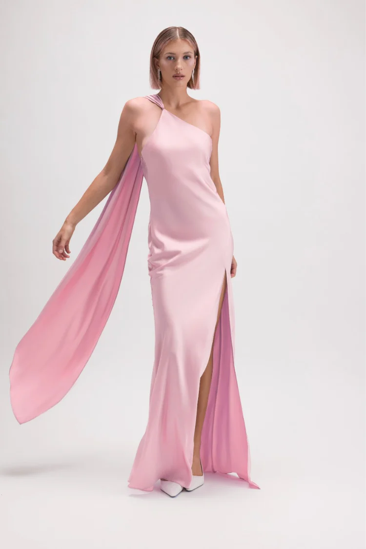 Hailey Satin Maxi Dress with Neck Scarf - Pink