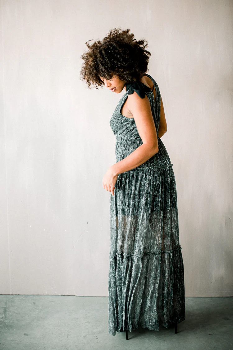 Halle Shoulder Tie Deep V Maxi - Silver