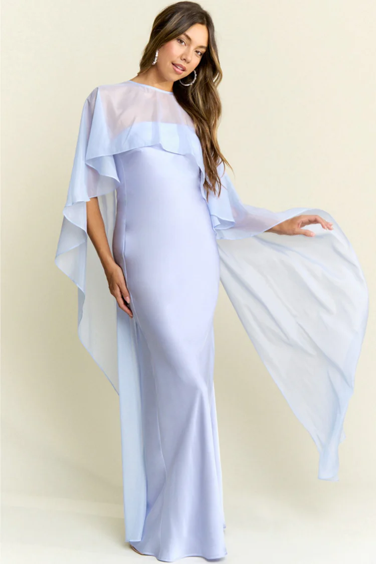 Giselle Blue Silky Maxi Dress with Cape