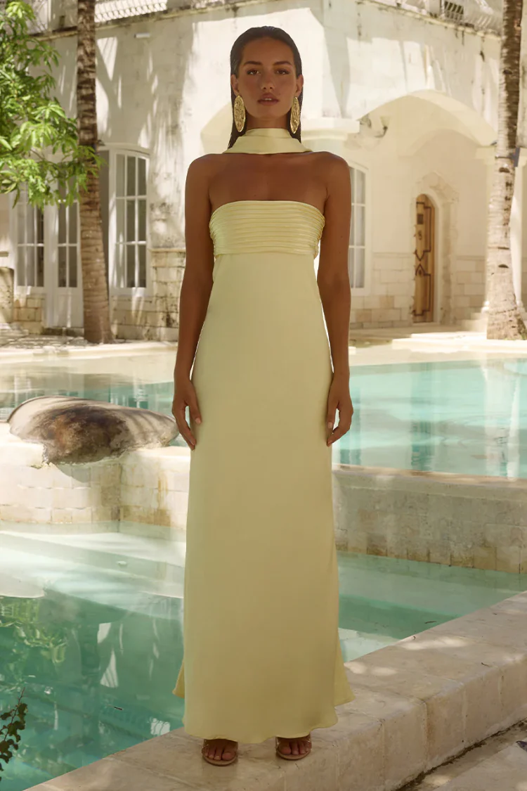 Elsa Butter Yellow Maxi Dress with Neck Scarf