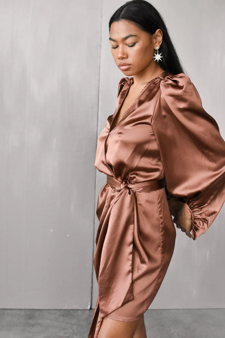 Gal Satin Wrap Mini Dress - Bronze - FINAL SALE