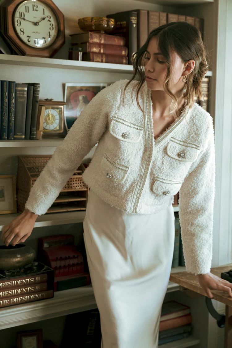Marlo Rhinestone Embellished Tweed Knit Jacket - Cream