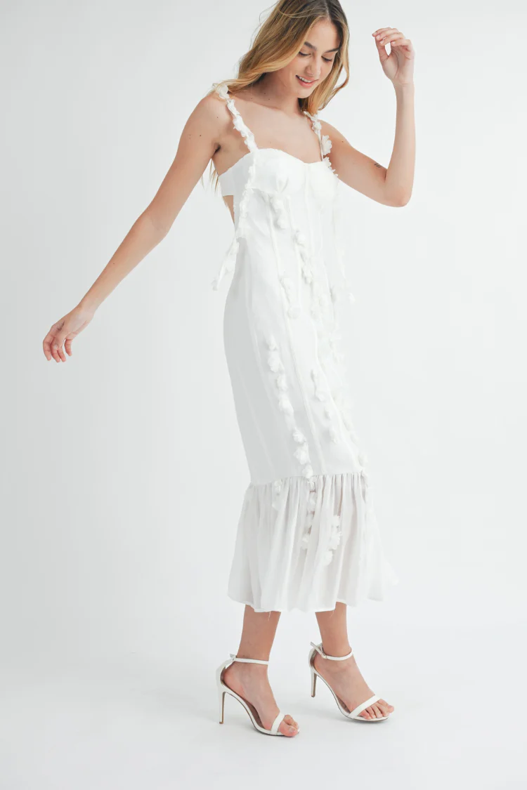 Camille 3D Floral Bustier Midi Dress - White