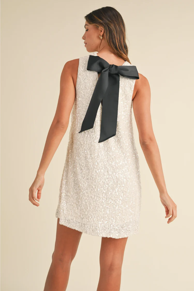Irina White Sequin Sleeveless Mini Dress with Black Bow