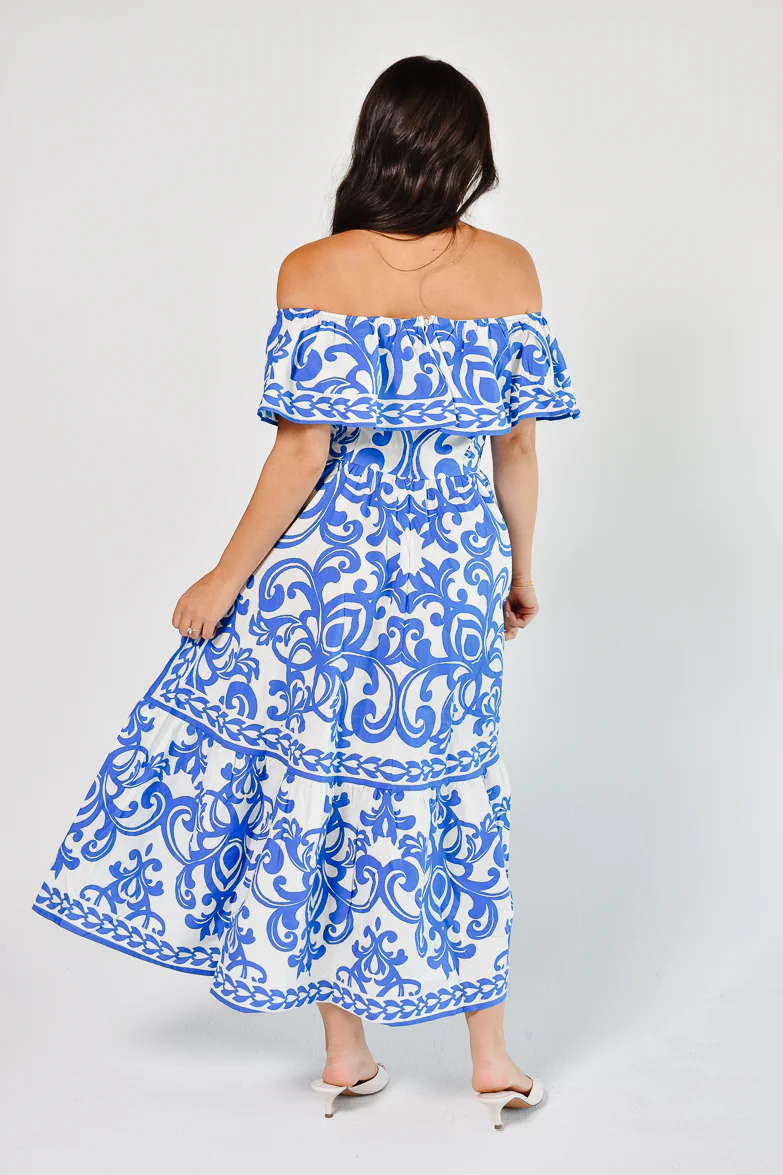 Catania Blue and White Tile Print Midi Dress