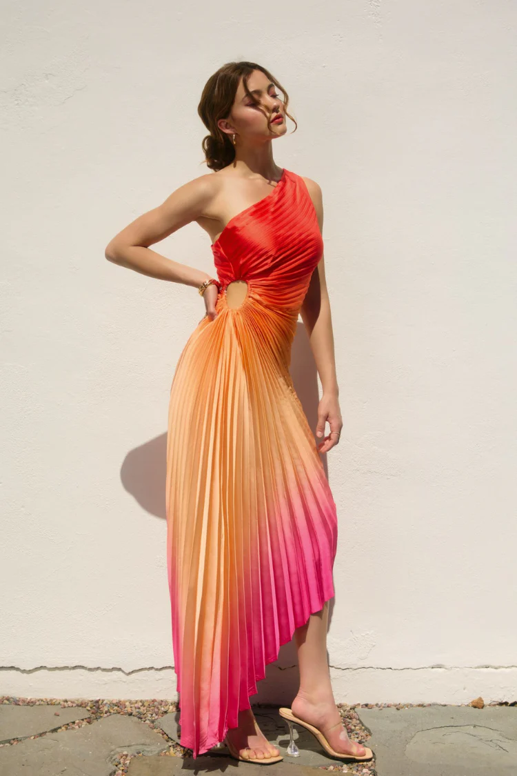 Olympia Pink Ombre Pleated One Shoulder Gown - Hibiscus Cosmo