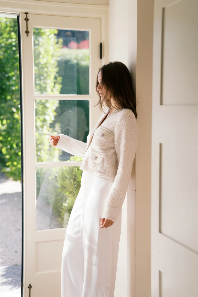 Marlo Rhinestone Embellished Tweed Knit Jacket - Cream