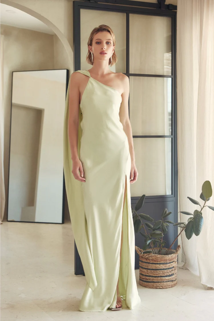 Hailey Satin Maxi Dress with Neck Scarf - Sage Green