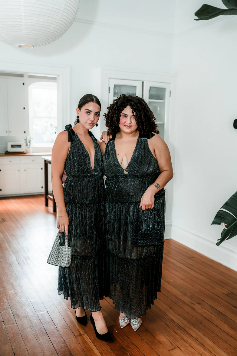 Halle Shoulder Tie Deep V Maxi - Silver