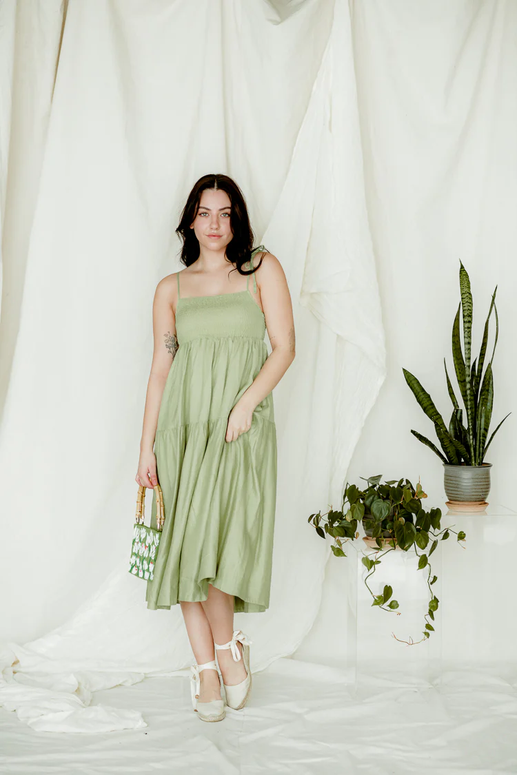 Marlene Square Neck Smocked Midi Dress - Green - FINAL SALE