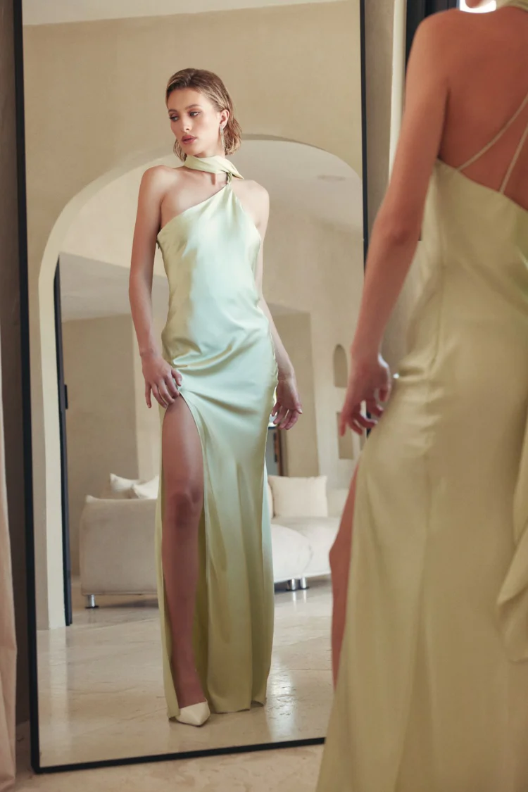Hailey Satin Maxi Dress with Neck Scarf - Sage Green