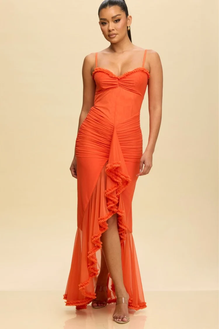 Lauren Shirred Mesh Ruffle Maxi Dress - Orange