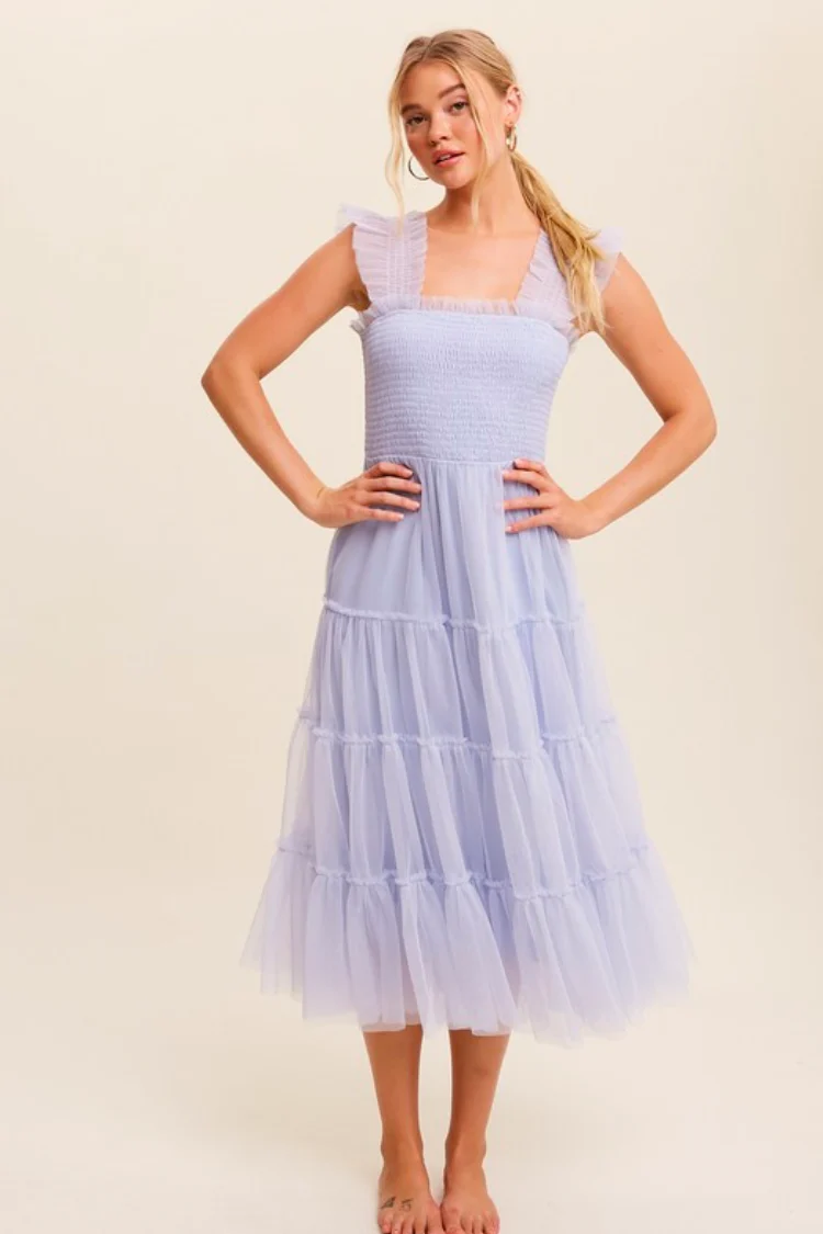 Fiori Short Blue Tulle Tiered Midi Dress - FINAL SALE