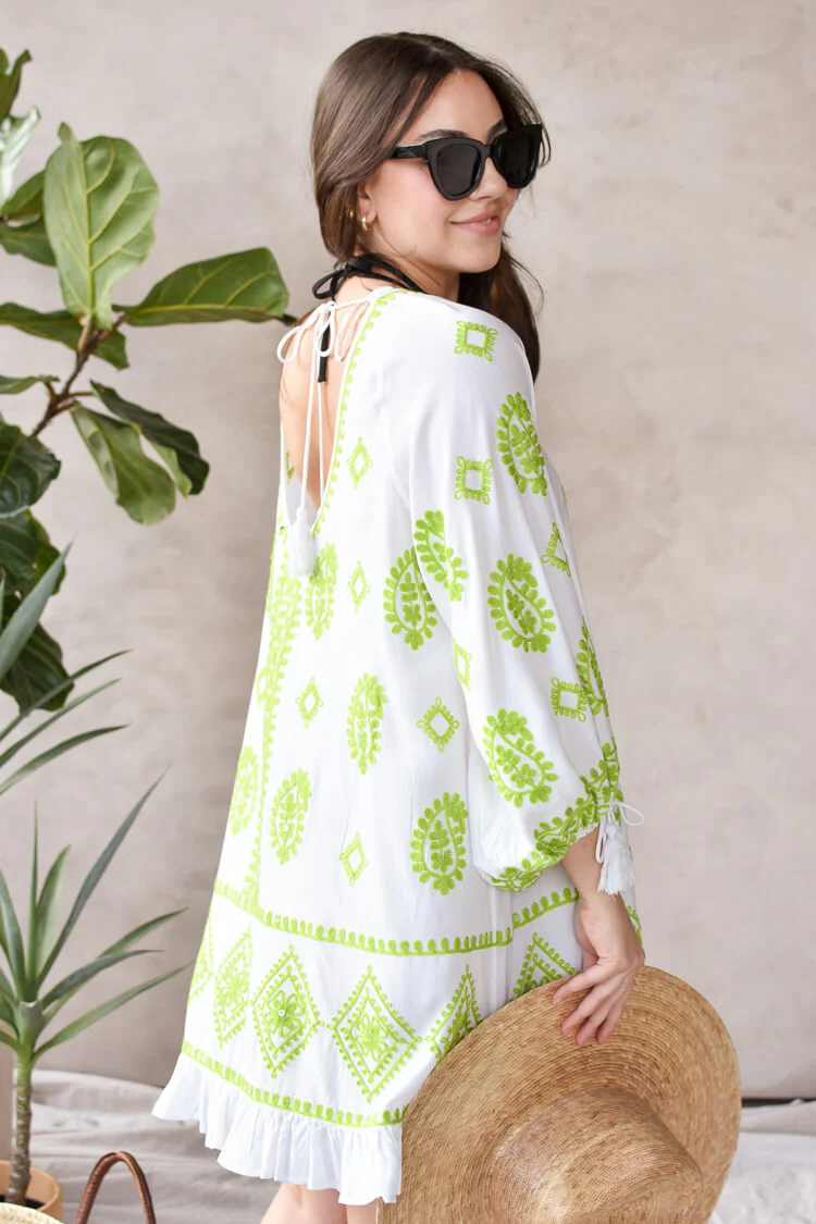 Cayman Lime Embroidered Scoop Neck Beach Cover-Up - FINAL SALE