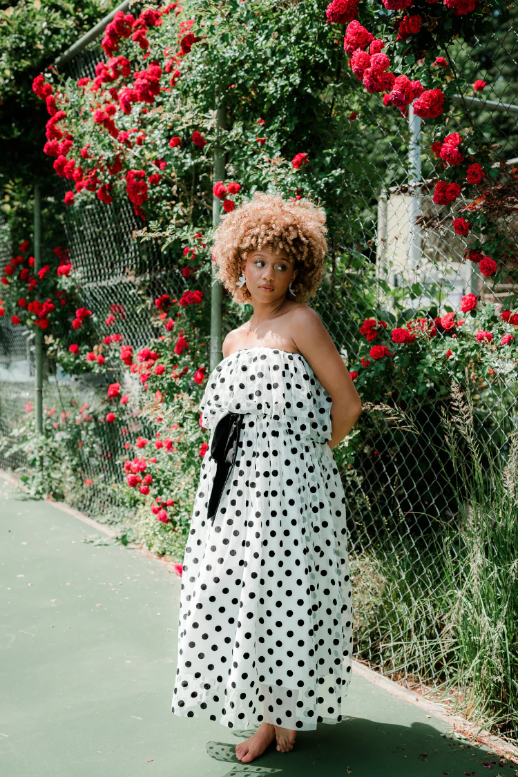 Marne Polka Dot Strapless Midi Dress