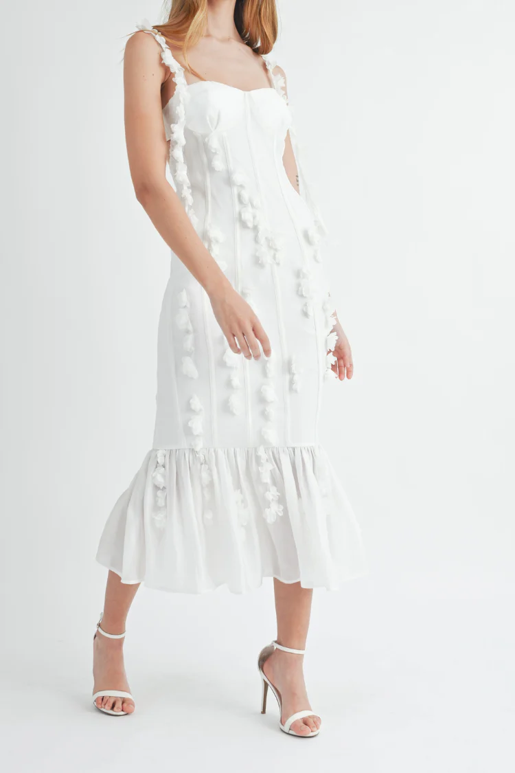 Camille 3D Floral Bustier Midi Dress - White