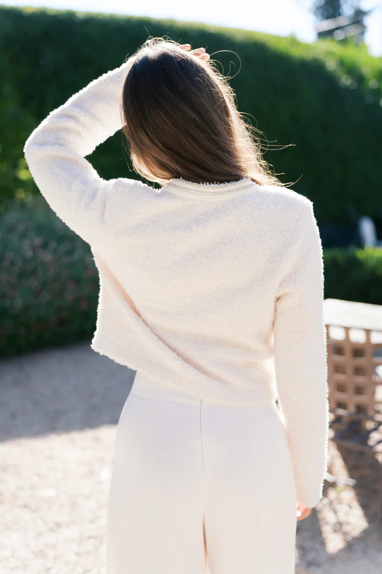 Marlo Rhinestone Embellished Tweed Knit Jacket - Cream