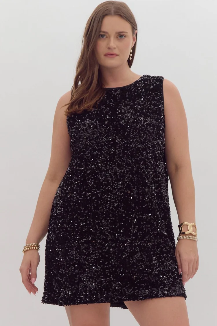Irina Black Sequin Sleeveless Mini Dress with Black Bow