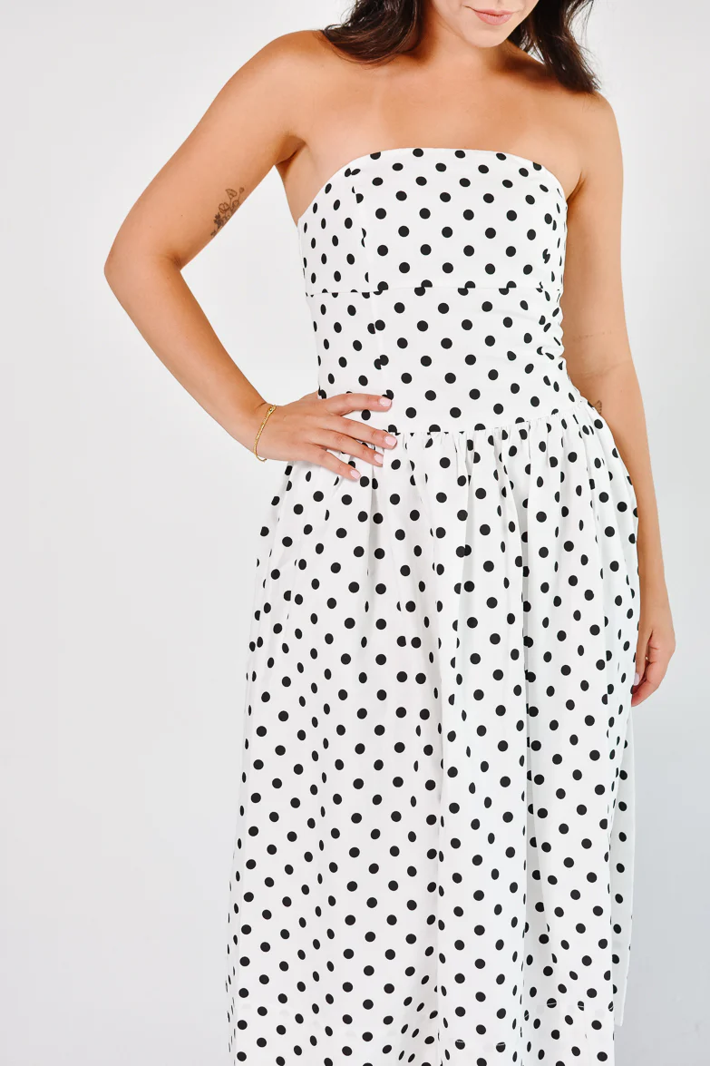 Roman Holiday Strapless White Polka Dot Midi Dress