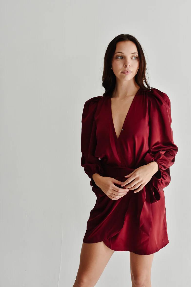 Gal Satin Wrap Mini Dress - Burgundy - FINAL SALE