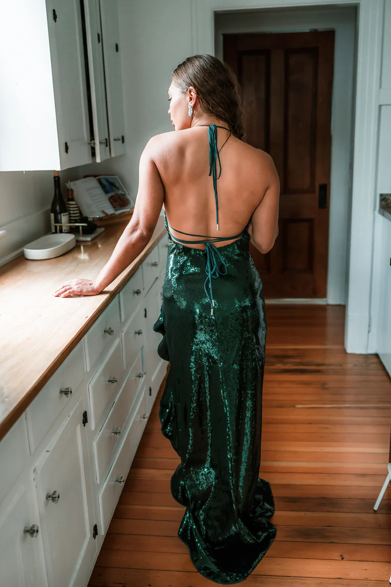 Evangeline Green Sequin Halter Maxi Dress