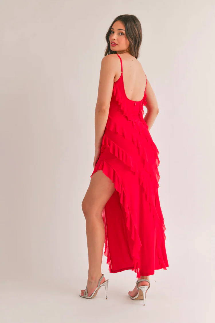 Natalia Bias Cut Ruffled Maxi Dress - Cherry Red - FINAL SALE