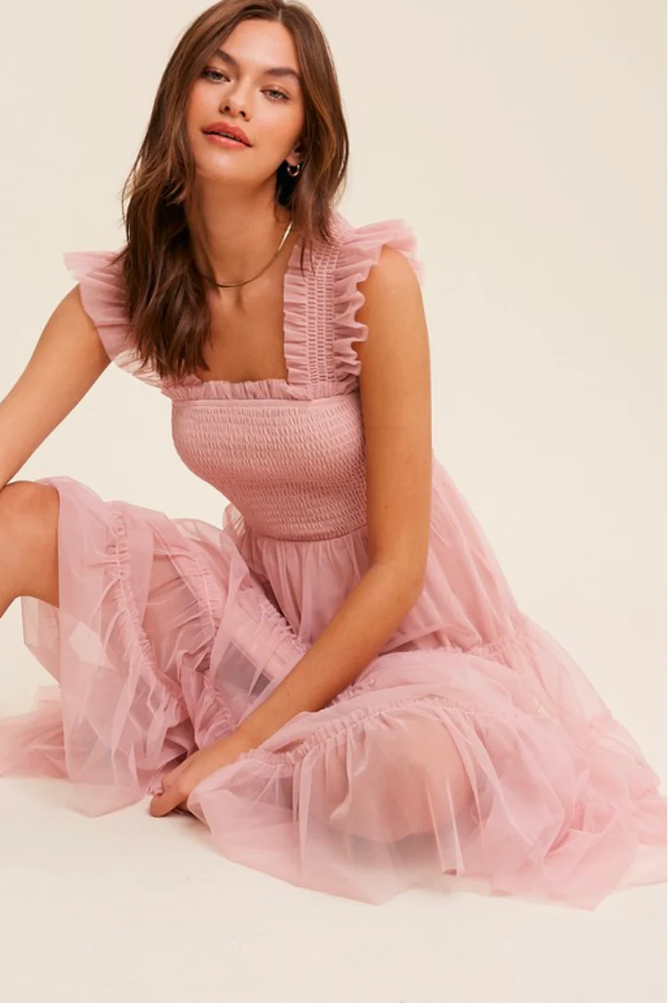 Fiori Short Pink Tulle Tiered Midi Dress - FINAL SALE