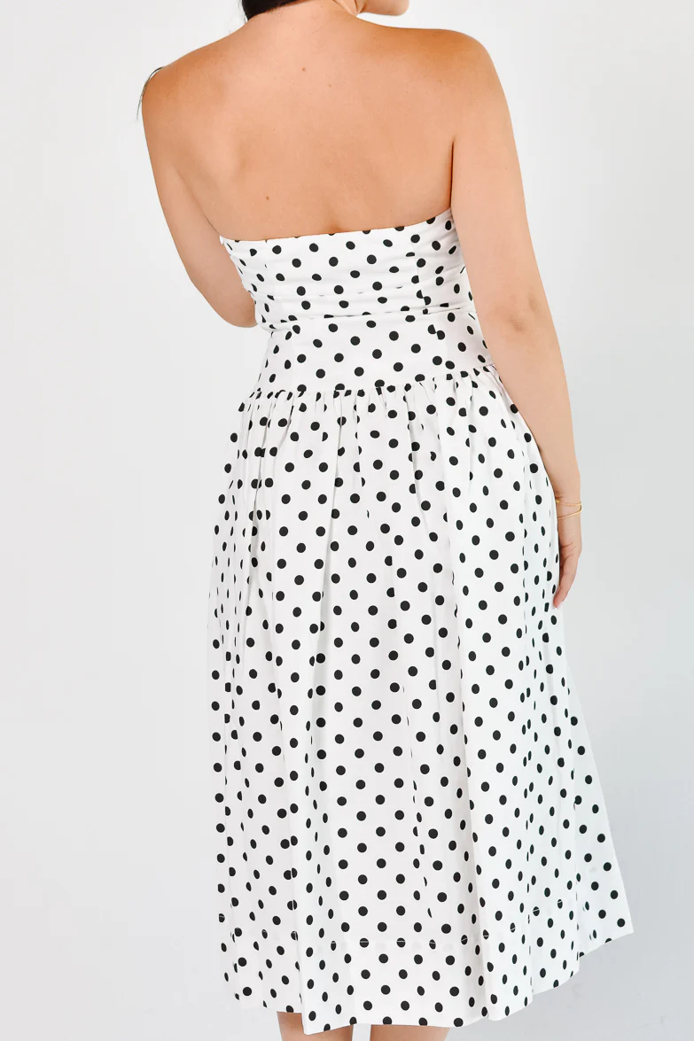 Roman Holiday Strapless White Polka Dot Midi Dress