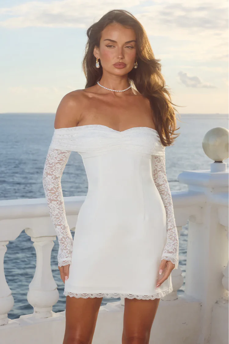 Leona Lace Long Sleeve Mini Dress - White