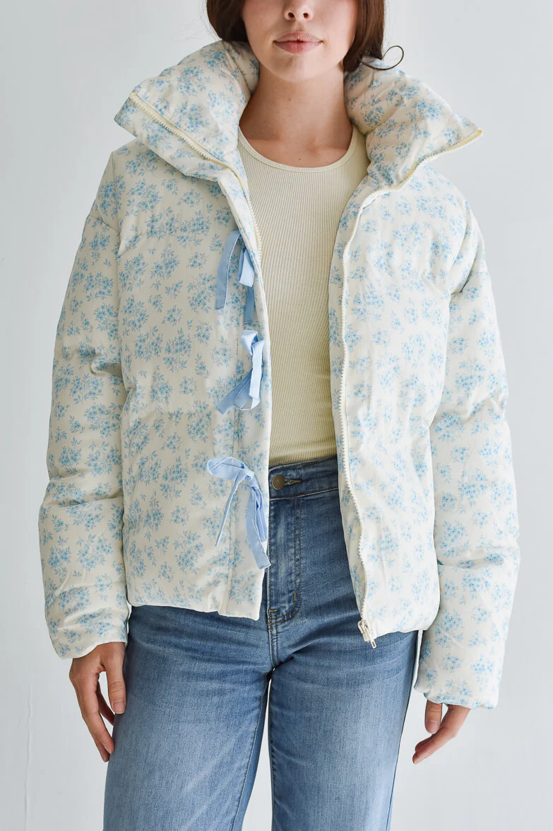 Lark Blue and White Floral Puffer Jacket