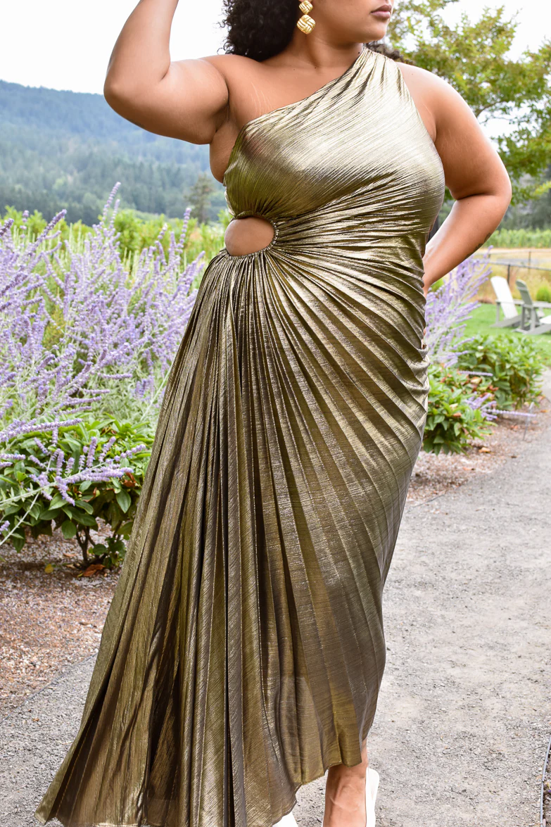Olympia Gold Metallic Pleated One Shoulder Gown - Plus