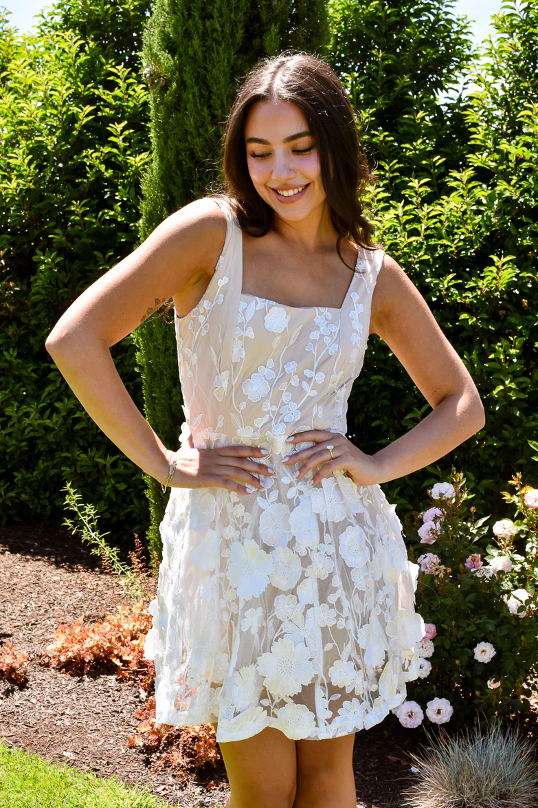 Elsa White Floral Applique Mini Dress