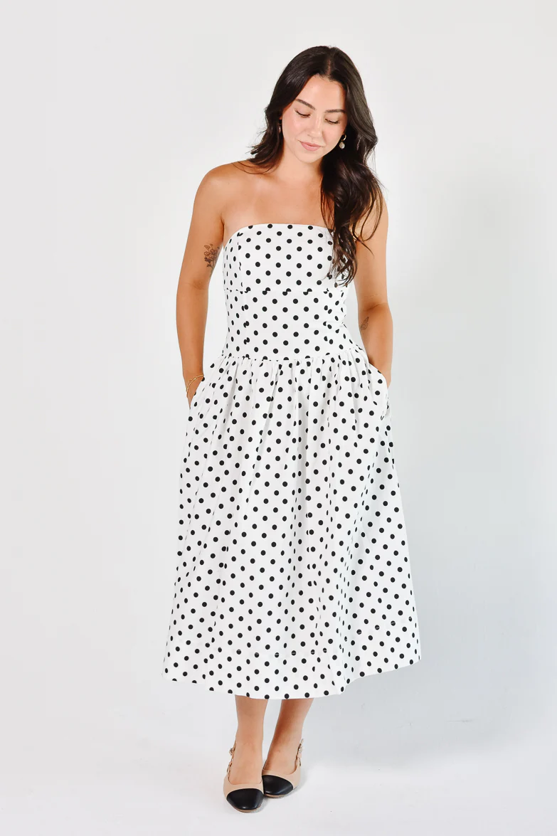 Roman Holiday Strapless White Polka Dot Midi Dress